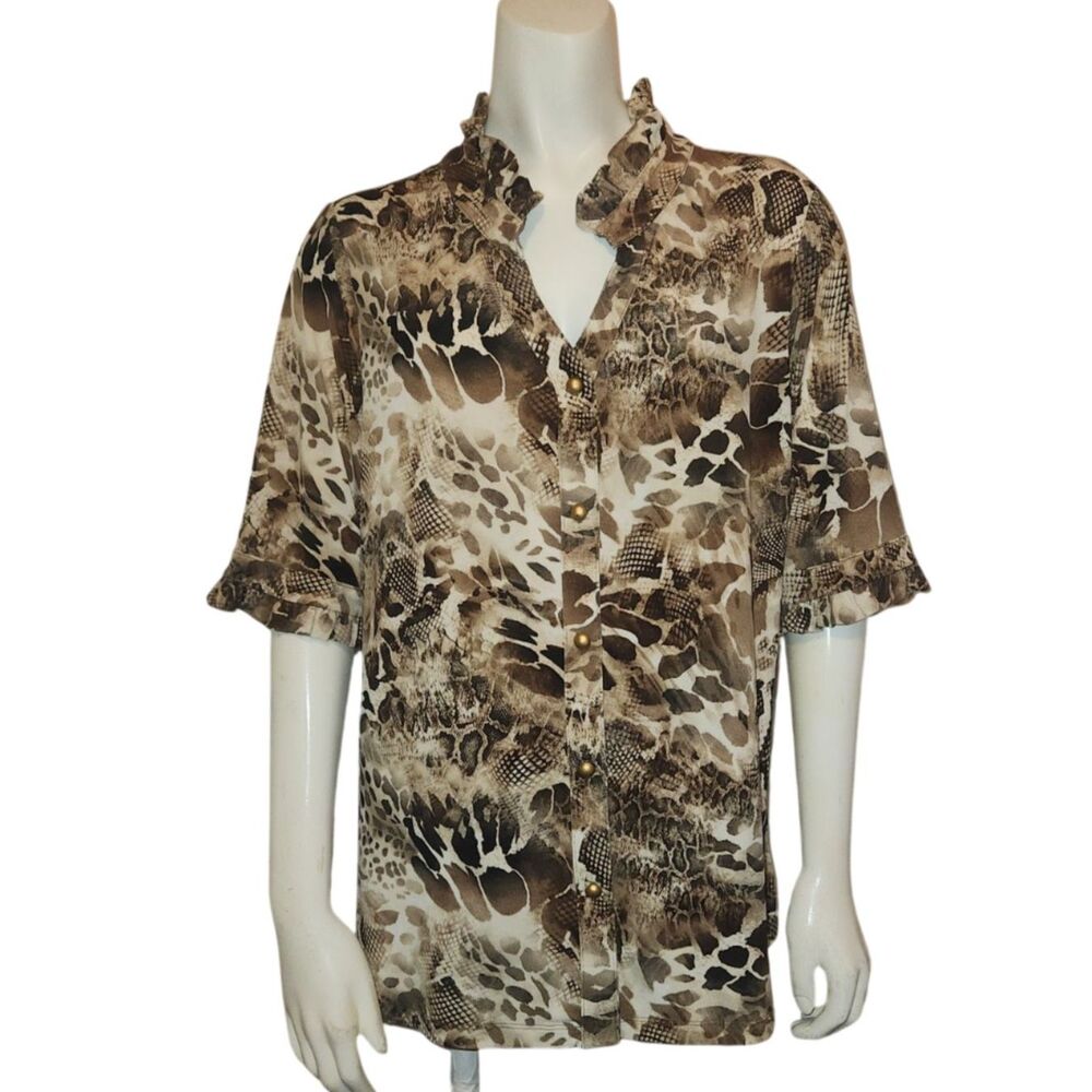 Simonton Says Short Sleeve Button Front Animal Print Blouse Womens Size Large